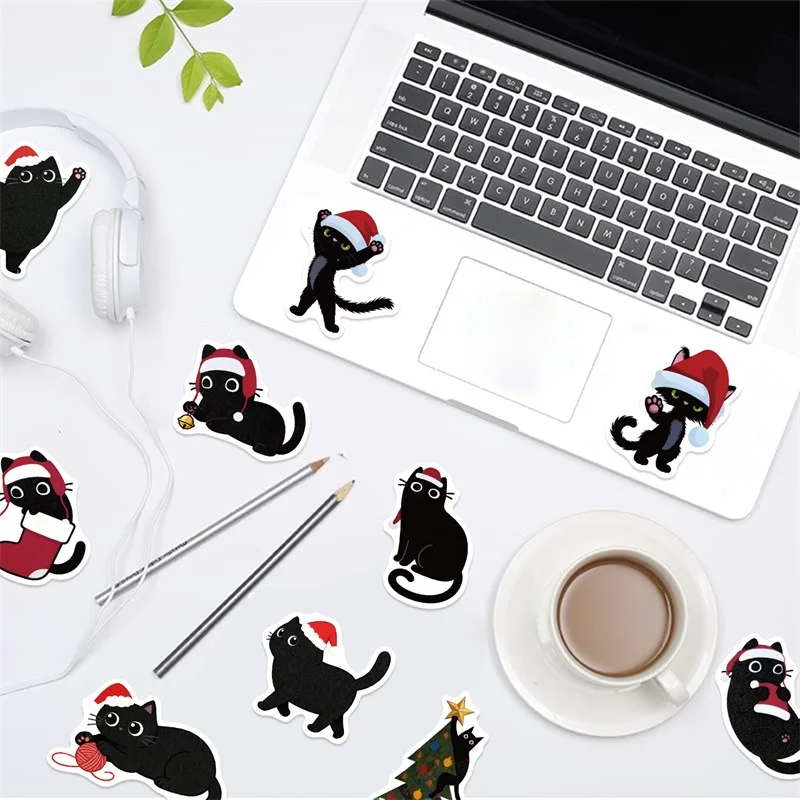10/30/50PCS Kawaii Kerst Zwarte Kat PVC Sticky Sticker Esthetische DIY kinderen Decoratie Scrapbooking schoolbenodigdheden
