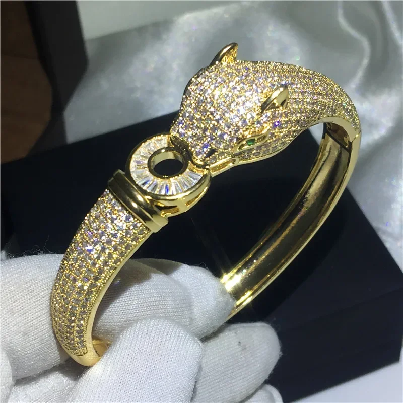 

Big Leopard Shape Bangle Pave setting 400pcs 5A cubic zirconia Gold color bracelet bangles for women Bridal wedding accessaries