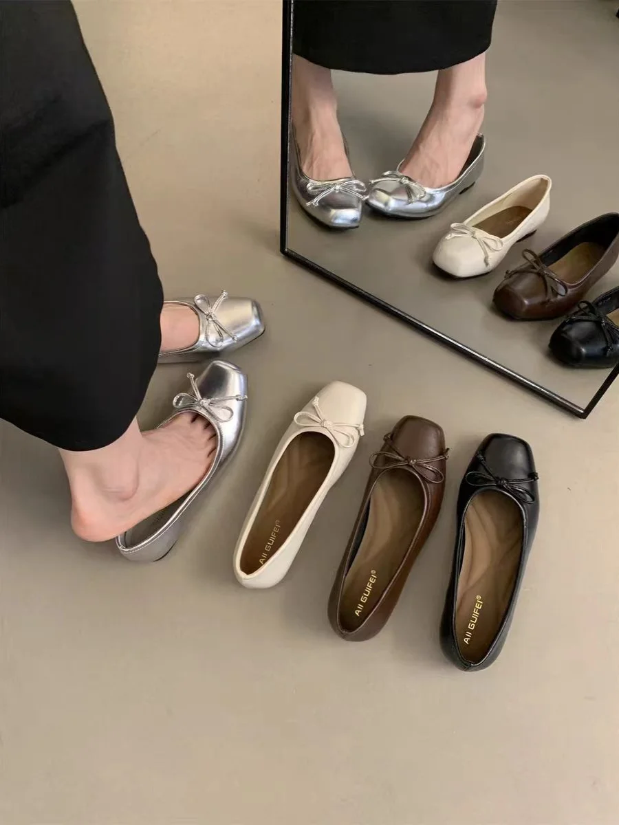 Silver Flat Bottom Women's Shoes Vintage Square Head Grandmother Pump Soft Fairy Evening Wind Low Cut Casual Fashion Footwear