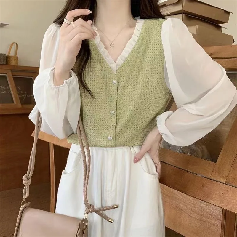 

Spring 2025 Women's V-Ne Splice Long Sve Chiffon irt Faionable Classic Sle Loose Fit Breathable Polyester Material