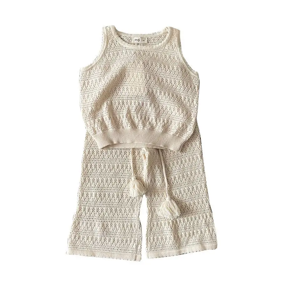 Children\'s Sets Girls Korean Fashion Hollow Knitted Sleeveless Set Summer Cool Baby Tank Top+ Wide Leg Pants