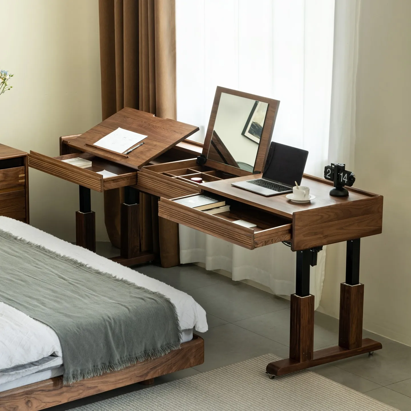 W5-black walnut electric lift desk bedroom bedside table bedside dressing computer table