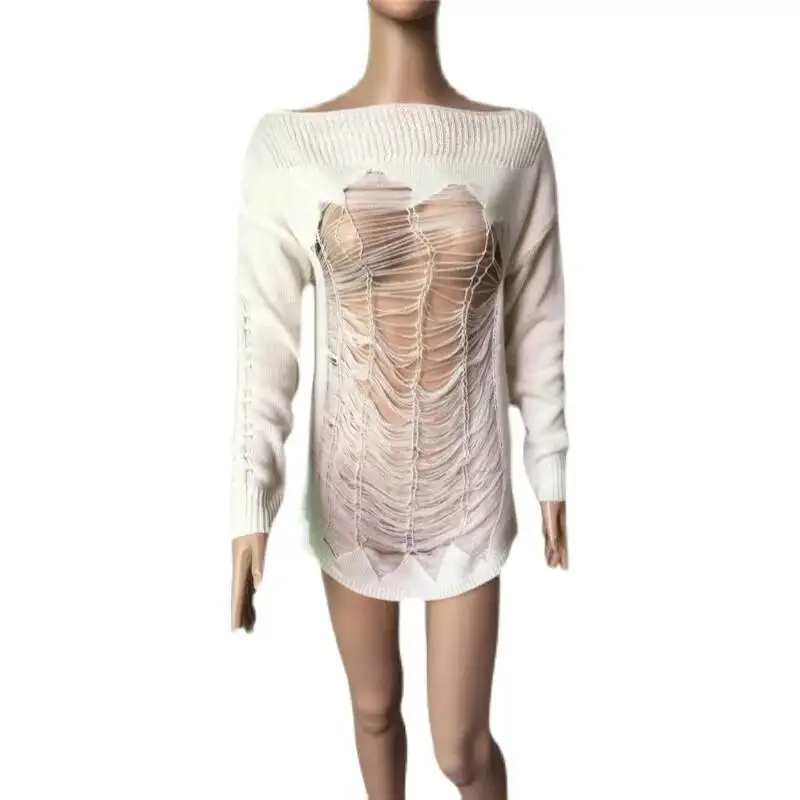 Girl Harajuku Spicy Y2k Millennium Punk Subculture Hollow Tear Off One Collar Off Shoulder Sweater Knitted Sweater view 5