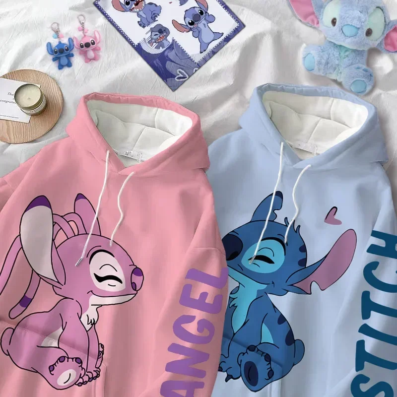 Disney Hoodie Fashion Stitch Angel Monster Letter Cartoon Sweatshirt Pullover Cute Harajuku Unisex Women\'s Pocket Top