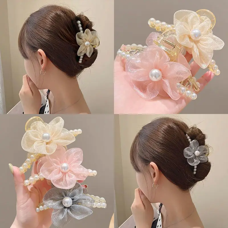 

Pearl Flower Women's Summer New Shark Clip Korean Style Beautiful High-end Silk Flower Hair Accessory