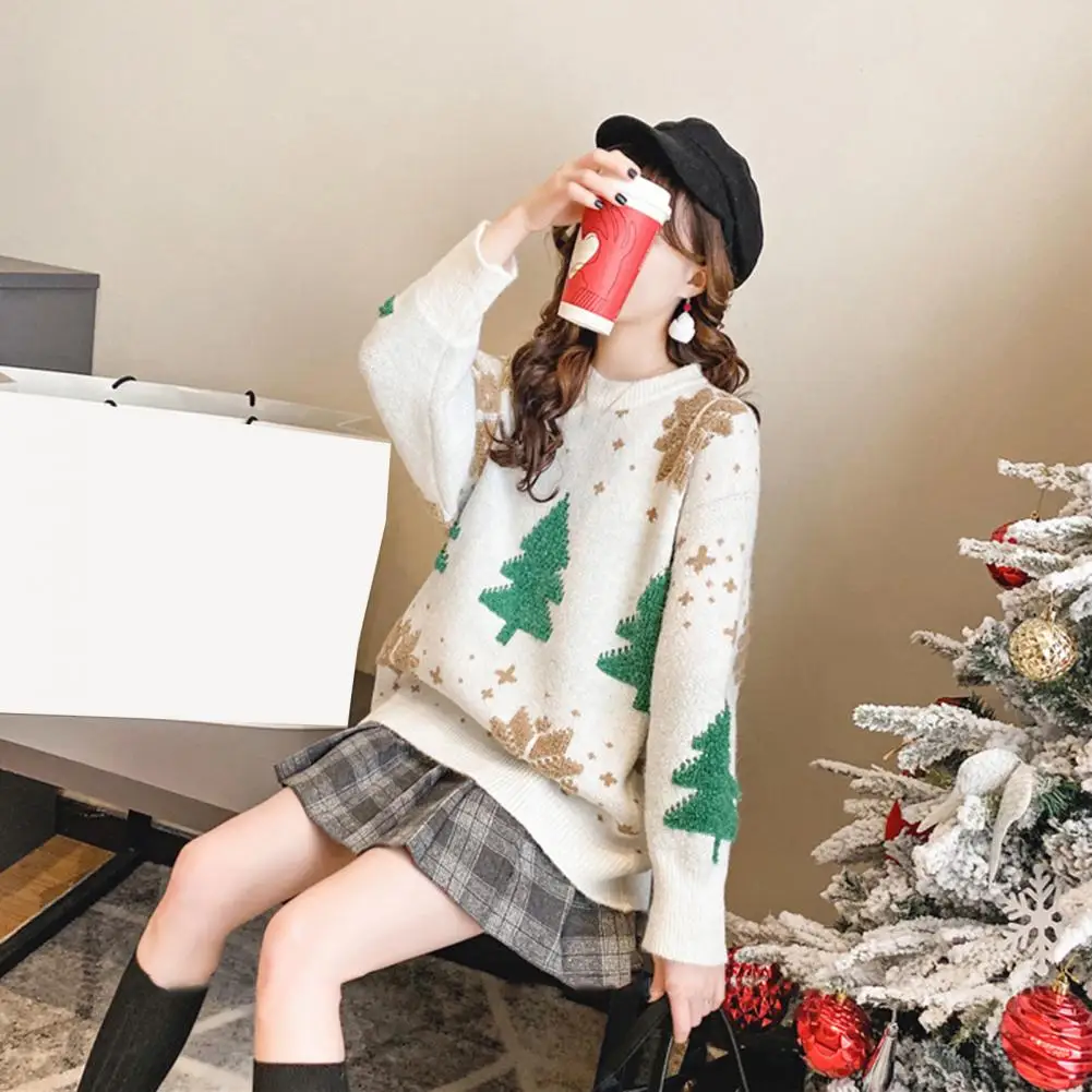 Christmas Tree Print Sweater for Women, Cozy Women\'s Knit Sweater, Thick Round Neck, Festive Tree Print, Soft Warm Pullover, New