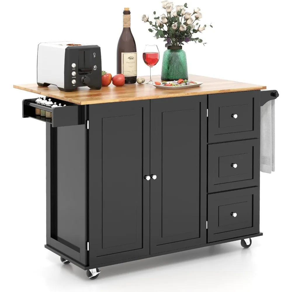 Kitchen Island Cart with Drop Leaf, Rolling Kitchen Cart on Wheels with Rubber Wood Top, 3 Drawers, Towel & Spice Rack, 2-Door