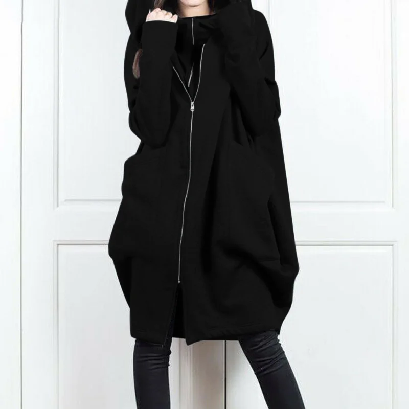 2024 Hooded Pocket Sweater Zipper Mid Length Fake Two Piece Loose Coat for Women