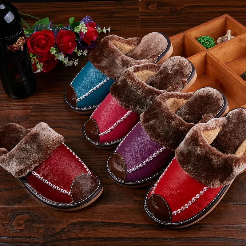 Men and Women Cotton Slippers Winter Home Warm Slippers Autumn Winter Real Leather Slippers Home Baotou Cotton Indoor Slippers