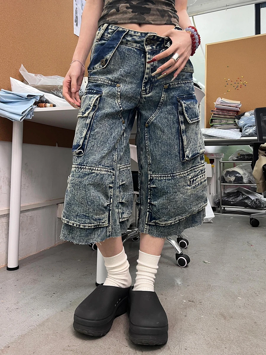 REDDACHiC Women Flap Pockets Cargo Denim Shorts Snowflake Wash Irregular Stitch Frayed Wide Baggy Jeans Jorts Vintage Work Wear