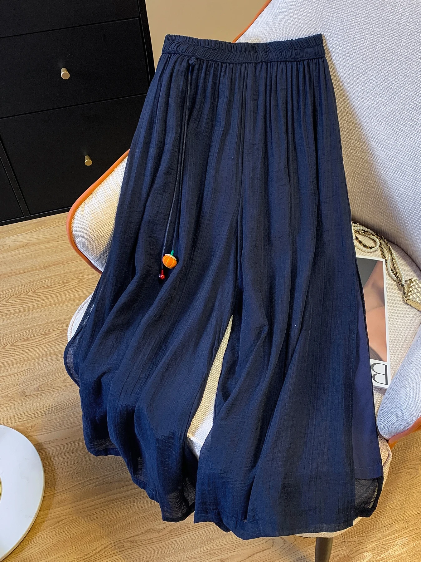 Pantaloni estivi a gamba larga in cotone e lino sottile Pantaloni casual drappeggiati da donna Dimagranti Fairylike Spacco laterale dritto Vita alta T lungo per il tempo libero...