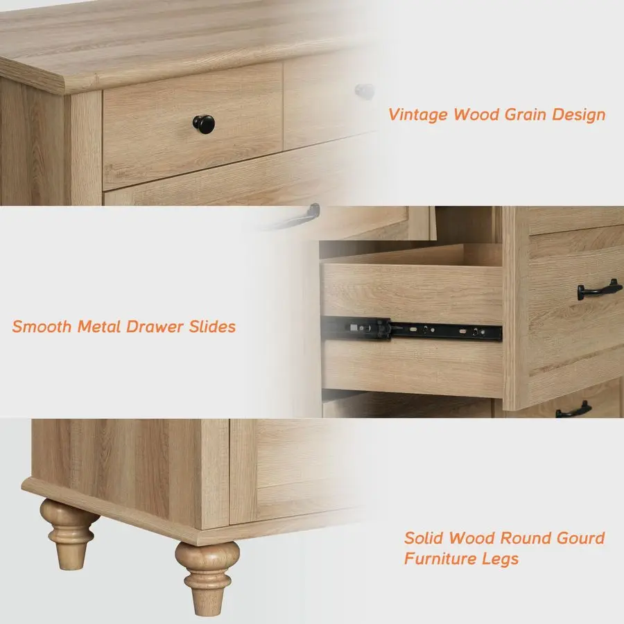 Oak Dresser for Bedroom with 5 Drawers, Tall Kids Dressers with Wide Chest of Drawers, Mid Century Modern Wooden Closet Storage