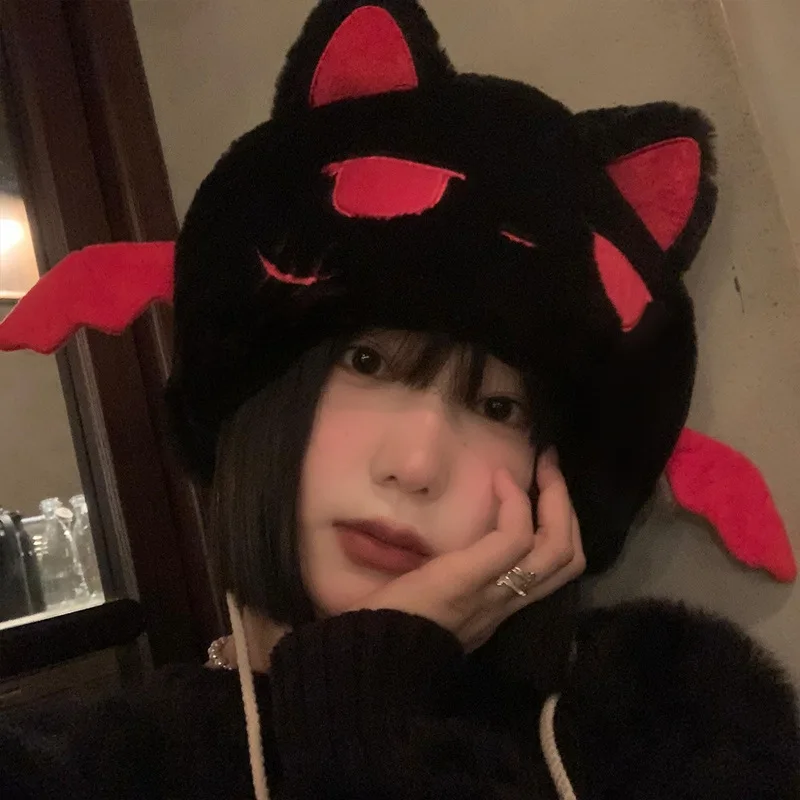 Little Devil Cat Ears Plush Hat For Women Autumn And Winter Halloween Y2k Cartoon Funny Warm Ear Protection Lei Feng Hat