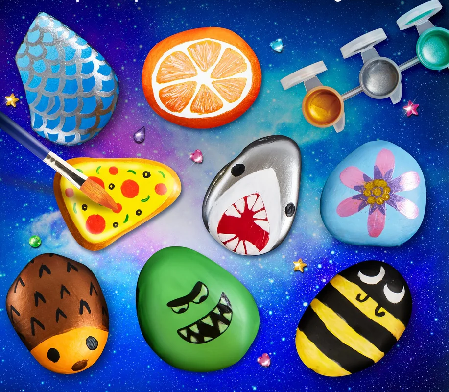 Brinquedo de arte de rock pintado à mão para crianças com pedras naturais tintas não tóxicas presente de artesanato de haste criativa para kit de ligação pai-filho