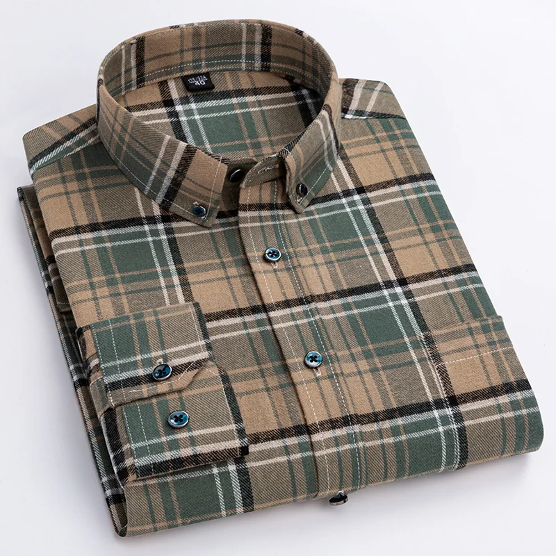2024 New Pure Cotton Sanding Plaid Men\'s Shirt Spring And Autumn Casual Fashion Business Slim Fit Comfortable Long Sleeves Top