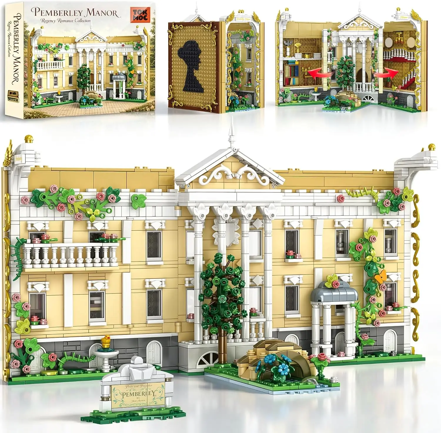 Pride and Prejudice Book Nook Building Block, Pemberley Manor Inspired Bookend Building Set, 1512 Pcs Unfolding Regency Romance Bookshelf Decor, Jane Austen Gift for Book Lovers, Adults & Teens 12+