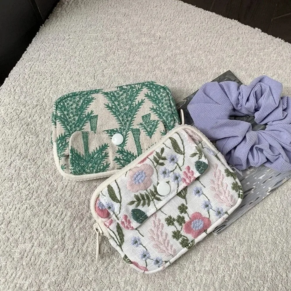 بسيطة لطيف التطريز حقيبة التخزين زهرة القطن الكتان سماعة حقيبة الكورية نمط سستة الحقيبة العرقية نمط محفظة نسائية للعملات المعدنية السفر