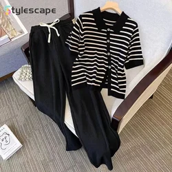 Conjunto de dos piezas para mujer, Camiseta de punto con cuello tipo Polo, a rayas, pantalones de pierna ancha, holgados, talla grande, novedad de verano 2024