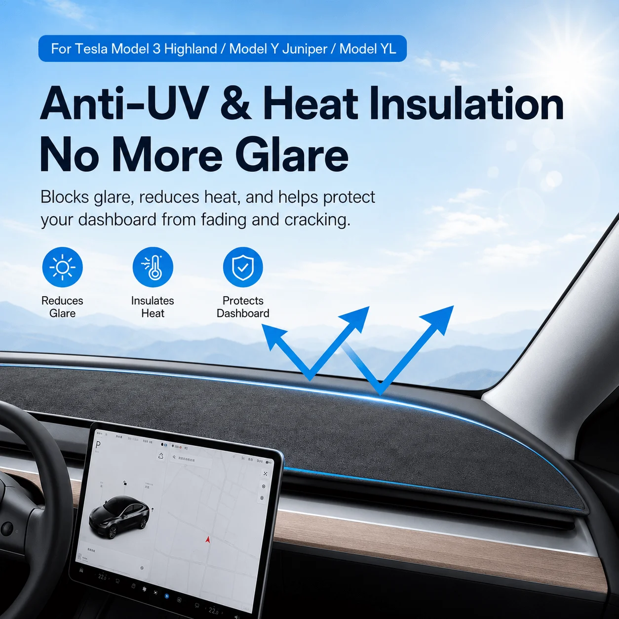 Armaturenbrett Anti-UV-Matte Abdeckung für Tesla Model 3 Y 2021-2026 Juniper Highland MYL Wildleder Sonnenschutz Pad Auto Zubehör – Detail 8