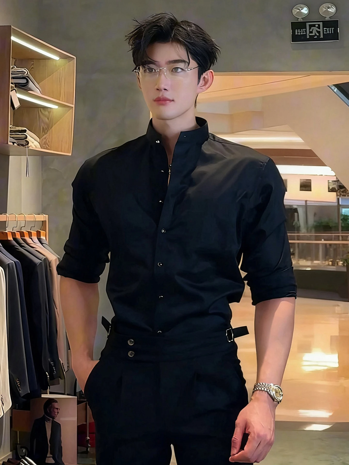 

Bla Stand Collar irt Men's High-End Sle Haome Spring Autumn Suit Inner Long Sve irt Jaet New Chinese Sle Top