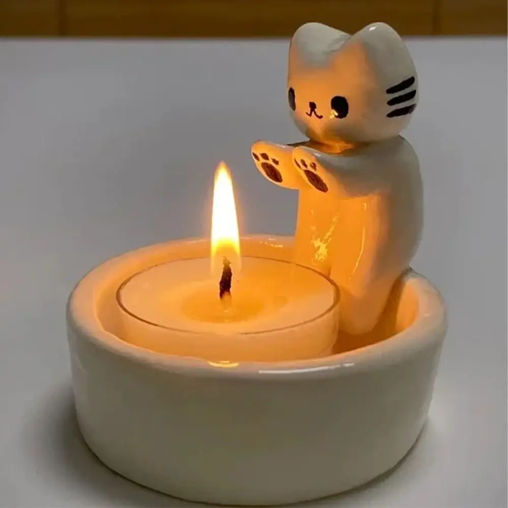 Portavelas de gatito de dibujos animados que calienta sus patas, bonito soporte de luz perfumada, candelabro de aromaterapia para gato a la parrilla, escritorio