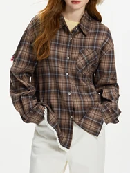 FSLE Women Plaid Blouse Polo Neck Drop Sleeve Female Retro Brown Plaid Shirt Hem Lace Patchwork Design Long Sleeve Top 24FS14543