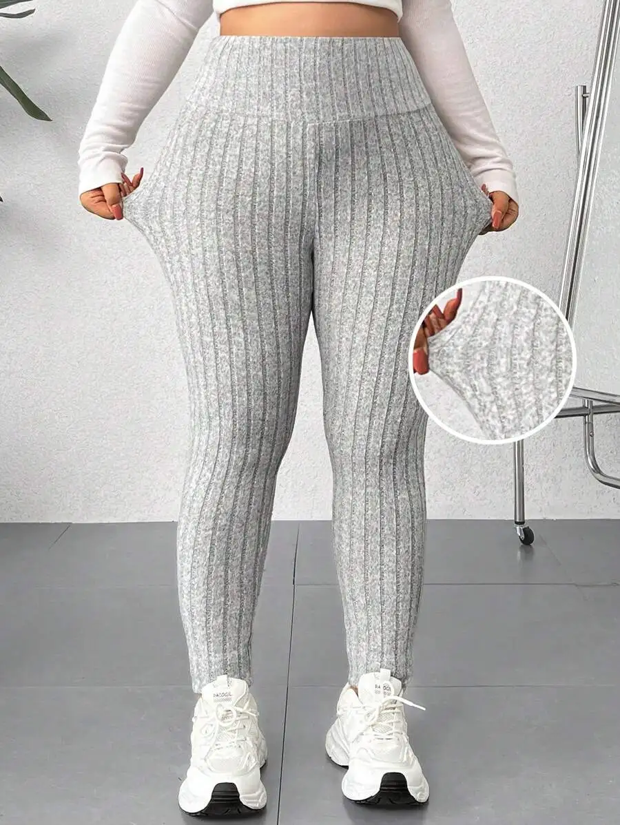 Plus Size High-Waisted Ribbed Knit Leggings - Gray Stretchy Fit