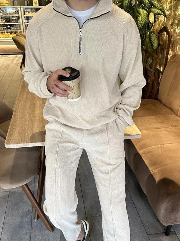 

Men's Spring and Autumn Stand Collar Half-zip Trendy Corduroy Suit, European and American Casual Men's New Style Sweater Suit