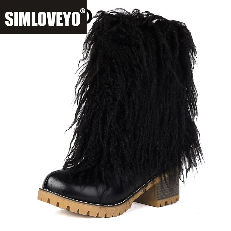 

SIMLOVEYO 2024 New Fashion Furry Boots for Women Round Toe Block Heels 5cm Plus Size 41 42 43 Dating Girls Mid Calf Bota