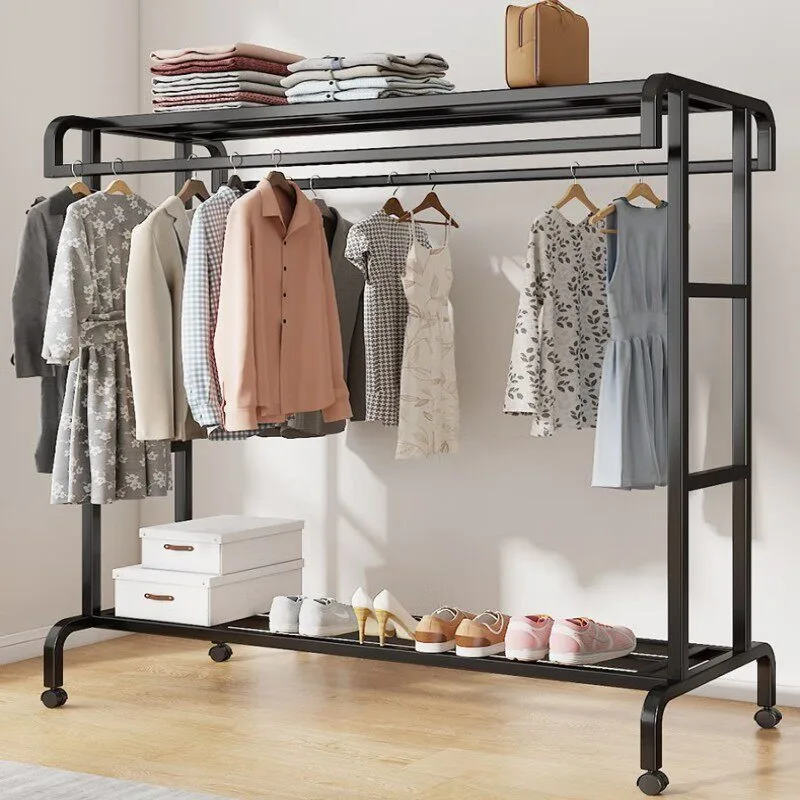 

Thickened clothing store display rack Floor-to-ceiling double pole hanger Bedroom home balcony drying rack Mobile coat rack