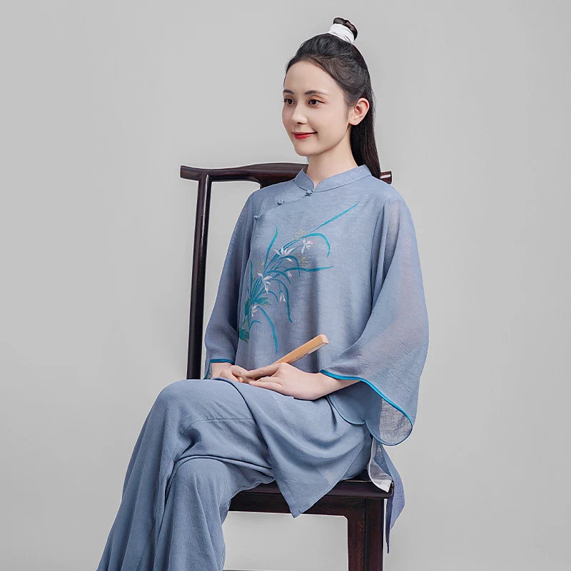 Women's Premium Tai Chi Uniform - Hand Painted Floral Double Layer Outfit, Breathable Ramie Gauze for Summer Baduanjin Practice