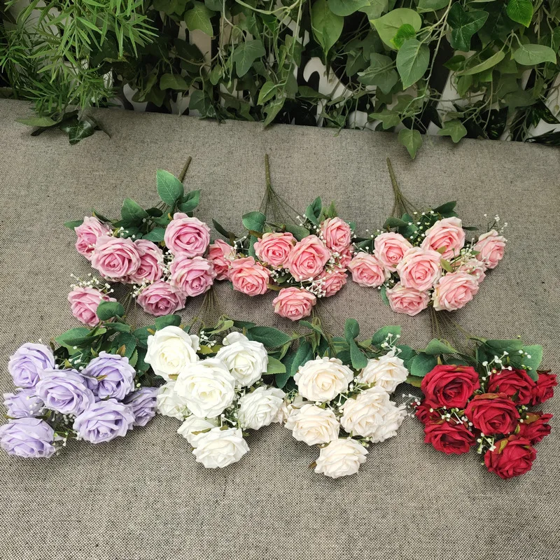 5 Stück Künstliche Blumen aus Seide, Kaiserliche Konzertrosen, DIY Fotografie-Requisiten, Dekoration, Kunstblumen, Simulierte 9-Kopf-Rosenbündel – Detail 5