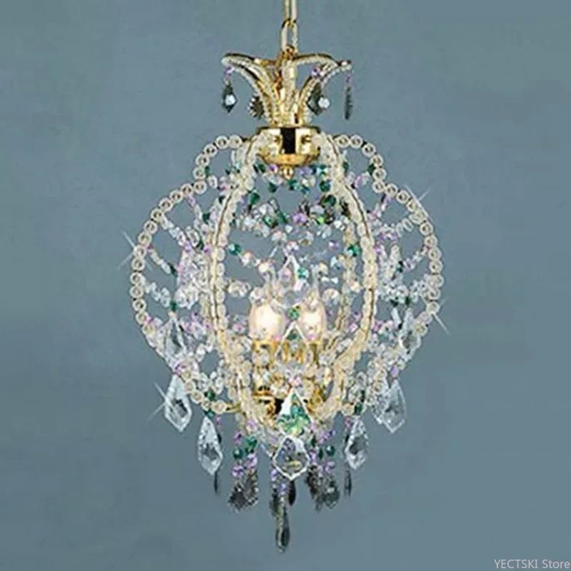 

GHJUYIOL Romantic French inlaid crystal full copper suction pendant light, colorful guest dining room entrance foyer bedroom lig