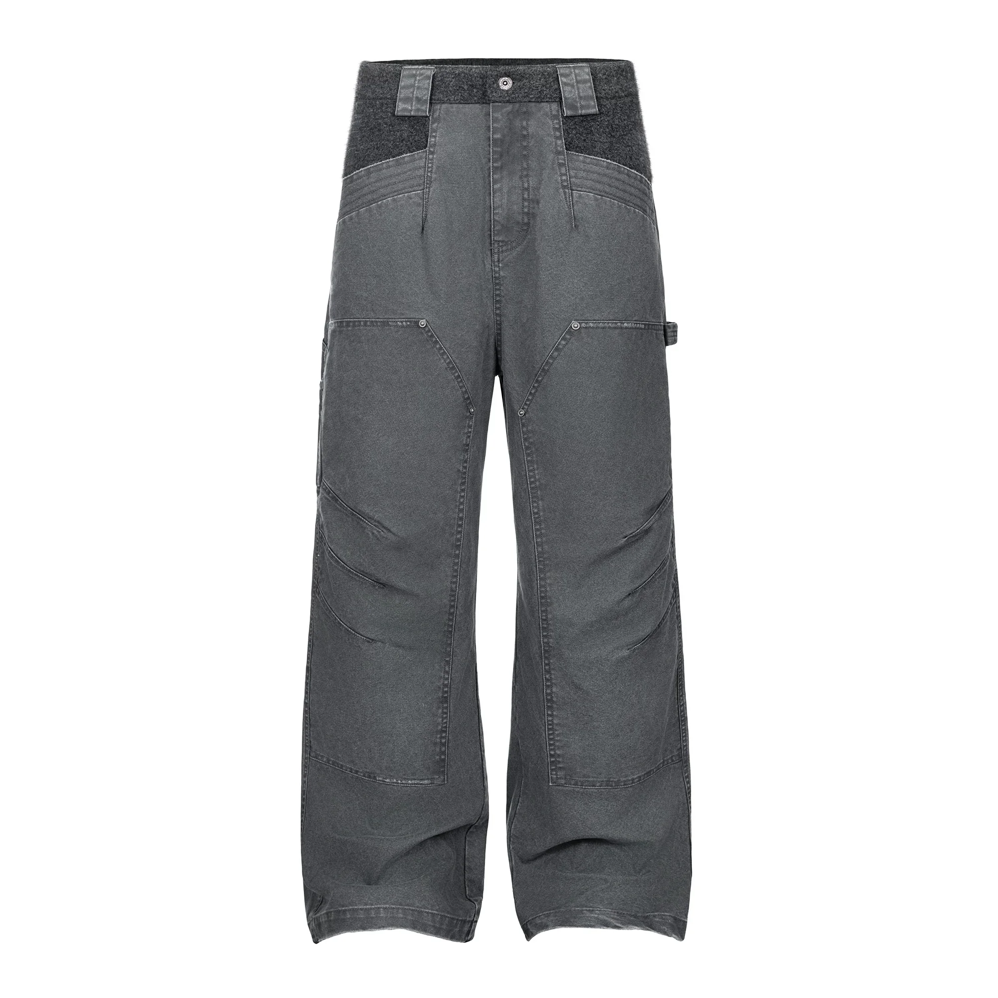 

Мужские модные повседневные серые свободные длинные брюки карго с оригинальным дизайном, эффектом потертости, вставками и плиссировкой