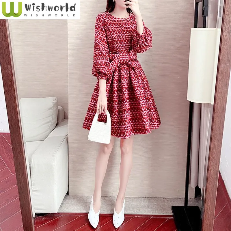 

2022 Spring and Autumn New Korean Fashion Red Popular Skirt Temperament Celebrities Lantern Sleeve Dress Female