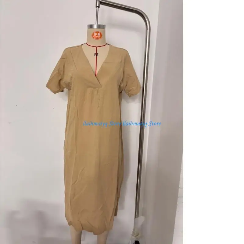 573B Women's cotton and linen V-neck  dresses, loose and flowy trapeze dresses for ,  vacation and casual everyday wear