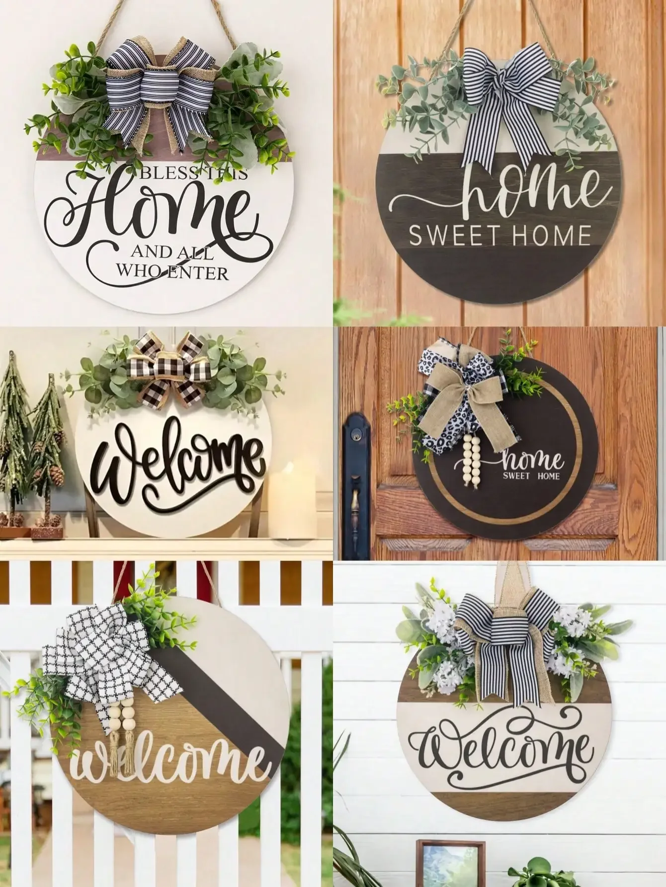 Door decoration welcome sign round wood wreath wall hanging outdoor、Farmhouse、Porch、Spring, summer and autumn all seasons 1pc