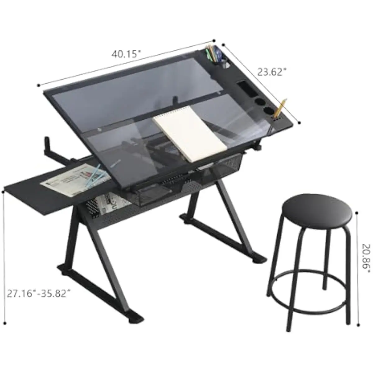 Black Adjustable Drafting Desk with Tempered Glass Top Tilts 0-75 Degrees Height Range 27.16 to 35.82 Inches Modern Iron Frame T