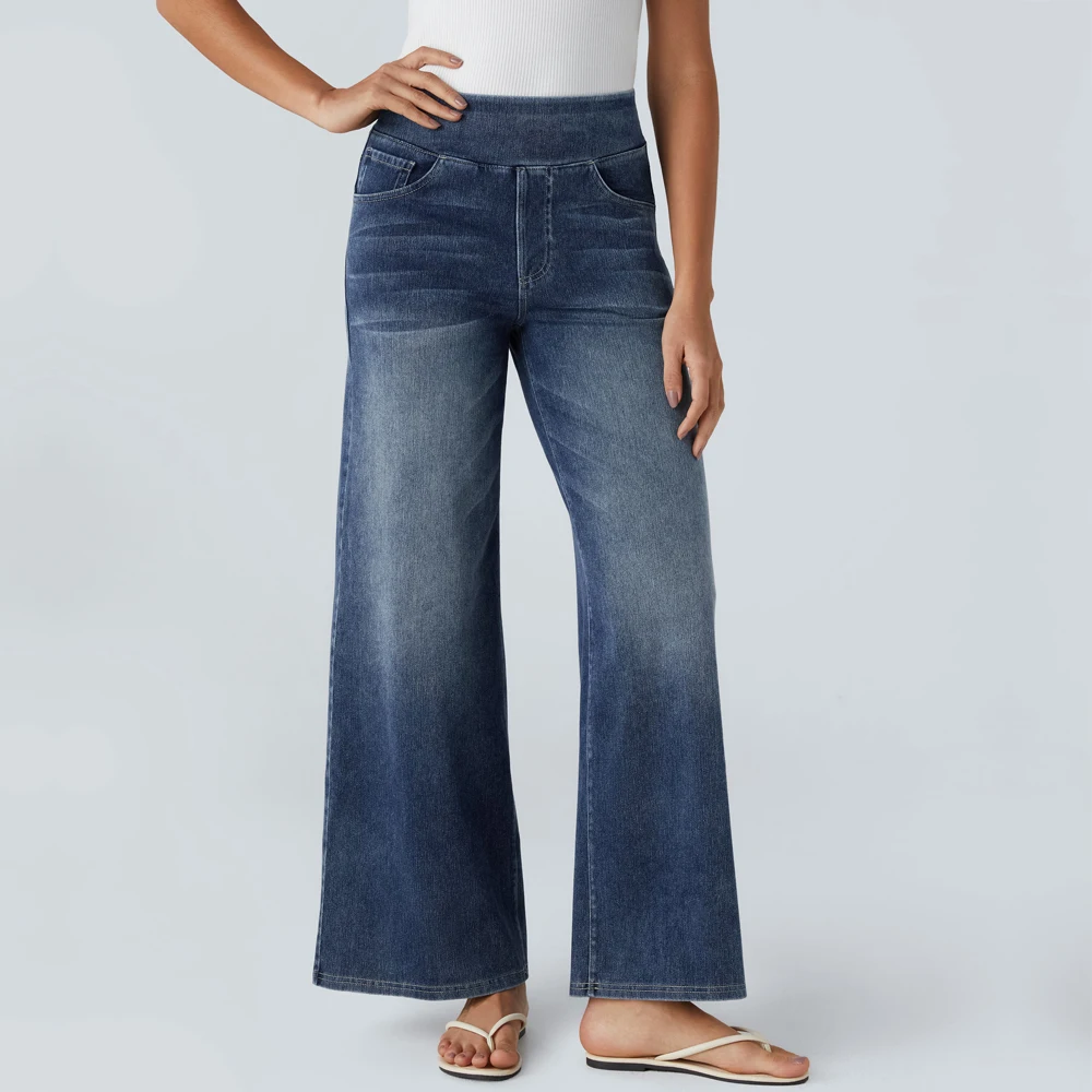 Shascullfites High Waist Women's Jeans Stretchy Dark Blue Casual Loose Wide Leg Baggy Jeans Thin Flared Jeans