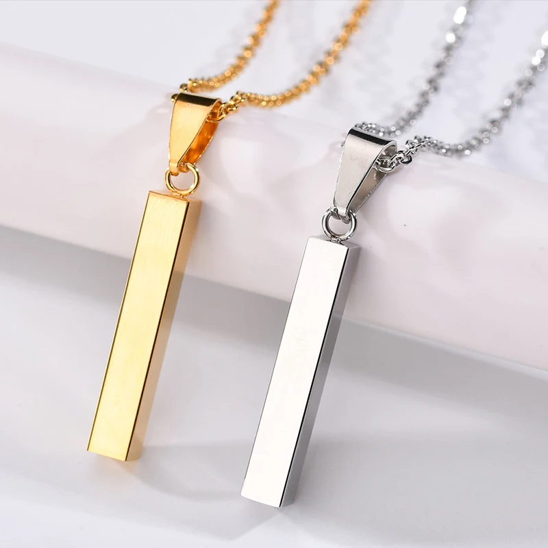 Personalized 4 Sides Engraving Square Bar Pendant Custom Name Date Stainless Steel Necklace Women Men Jewelry Gifts Wholesale