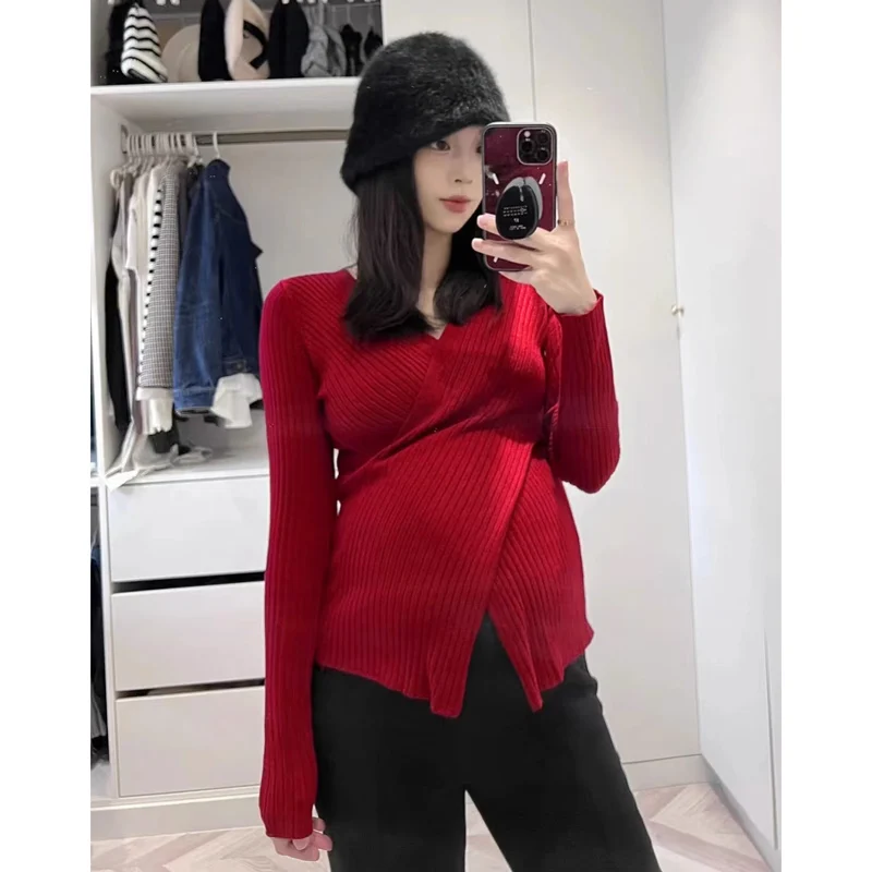 Autumn Maternity Breastfeeding Sweater Solid Color Long Sleeve Split V-neck Irregular Pregnant Woman Nursing Pullover Top Tees