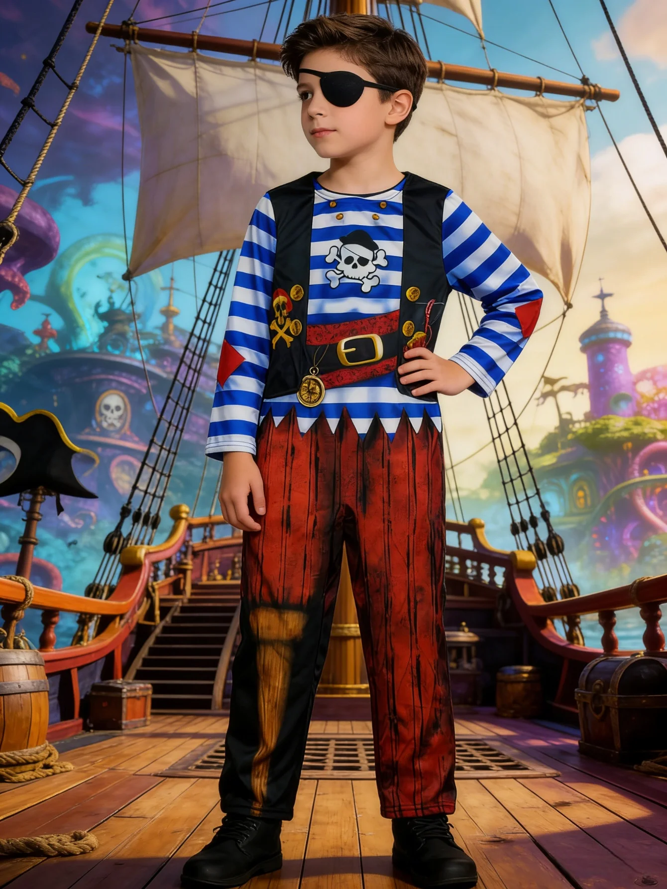 Conjunto de Disfraz para Niños: 1 Mono + 1 Antifaz, Decorado con Camisas a Rayas Azules y Blancas, Estampados de Calaveras, Adornos de Monedas de Oro y Elementos como un Estampado de Pierna de Madera, que Recrea con Precisión las Características Icónicas de los Piratas. Adecuado para Halloween y Varios Disfraces de Carnaval, Disfraces para Representaciones Escénicas.