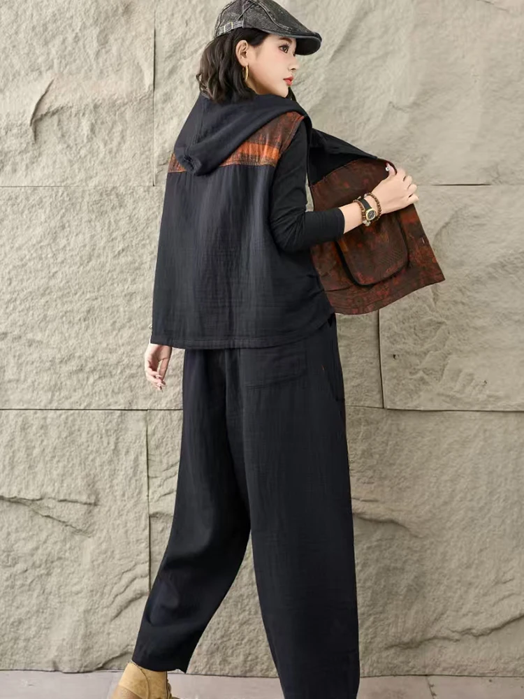 Amax lulue feminino com capuz denim 2 peças define moda colete ternos punk sem mangas casacos calças soltas jeans clássicos roupas impressas