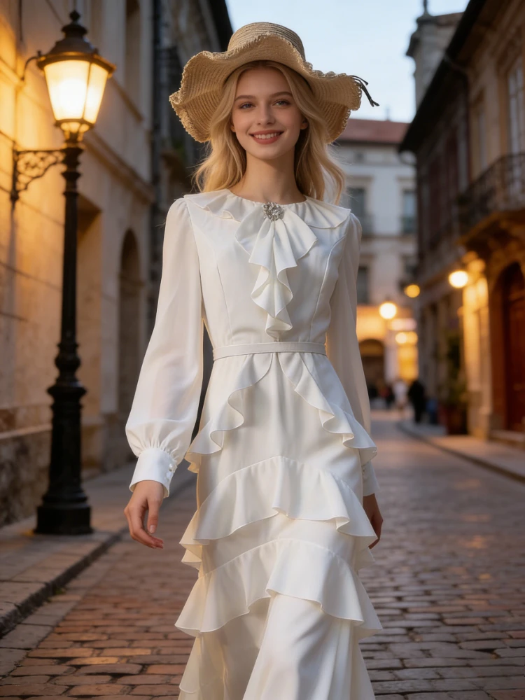 

Женское макси-платье RANGWU 2026: Элегантное, с оборками, длинными рукавами, приталенное, многоярусное, для вечеринок и свадебных гостей