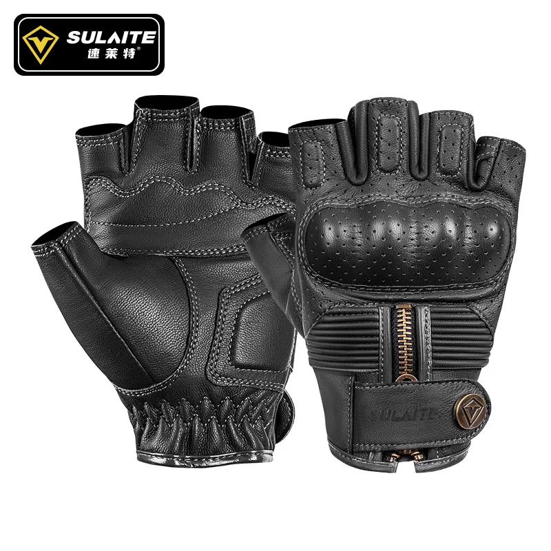 

Sulaite Vintage Goat skin Leather Half Finger Motorcycle Gloves Retro Black Gray Fingerless Moto MTB Cycling Glove for Men Women