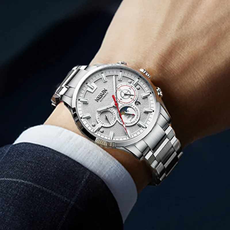 NESUN Luxury Japan Automatic Mechanical Men's Watch Sapphire Crystal Multi-function 50M Water Resistant Moon Phase Clock N9052