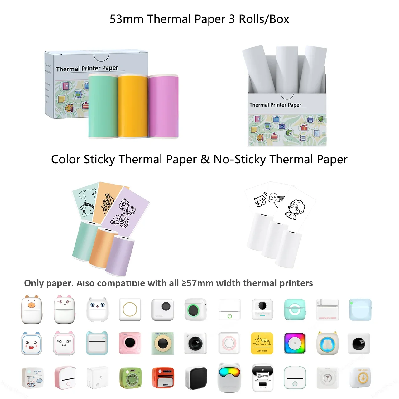 M02/T02 Mini Thermal Printer Stickers Paper, Multicolor Photo Printer Labels Paper For Photo Journal Notes Memo