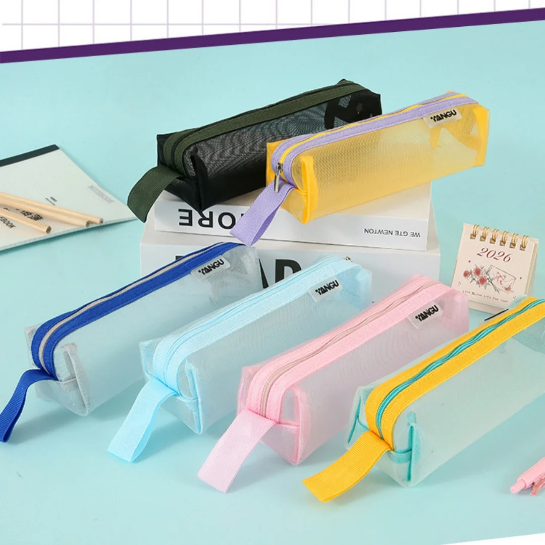 Simple Transparent Octagonal Mesh Pencil Case Zipper Design Lightweight Portable Lead Holder Cosmetic Bag Stationery Storage