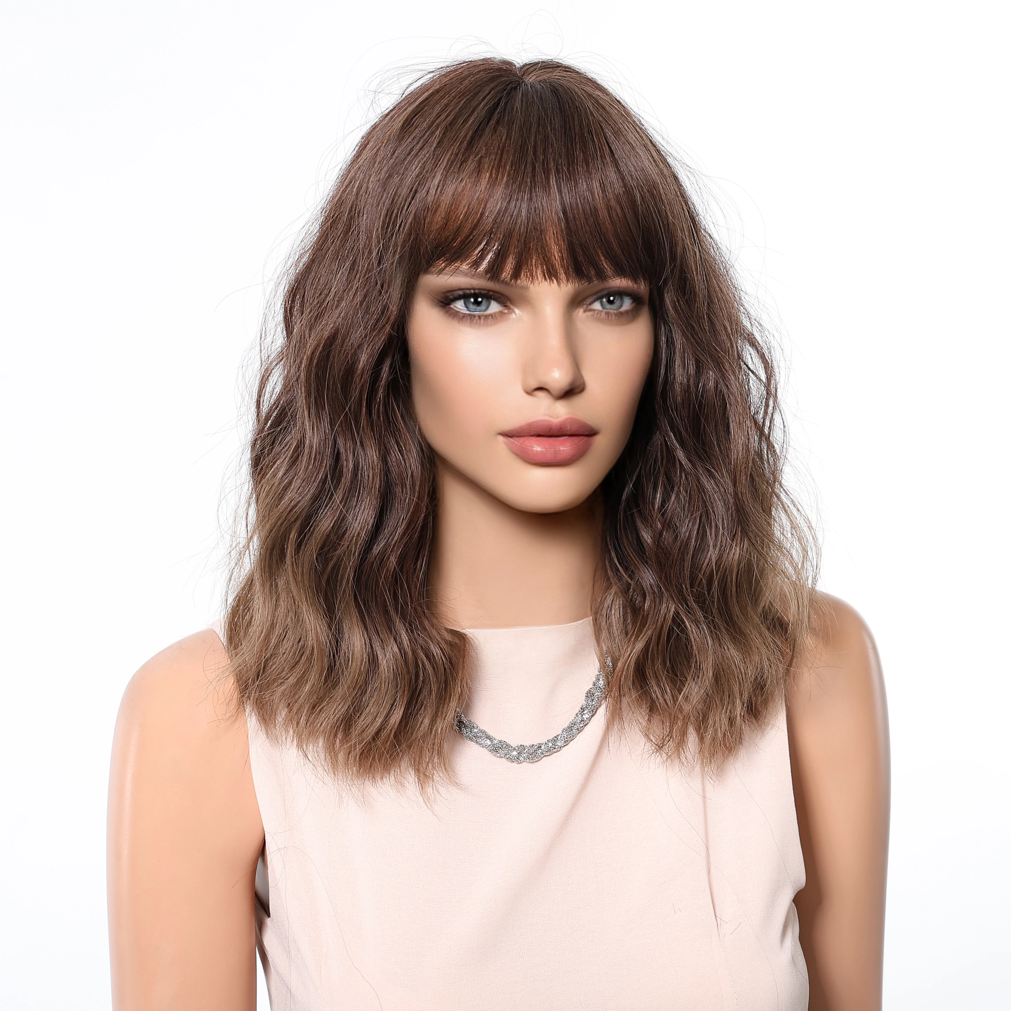 GEMMA Synthetic Wavy Wig Brown Ombre Short Curly Wig with Bangs for Women Natural Hair Cosplay Party Wig Heat Resistant Fibre