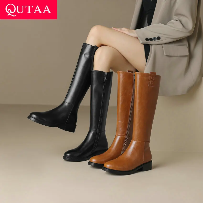 

QUTAA 2024 Women Knee High Boots Autumn Winter Low Heels Zipper Office Lady Working Genuine Leather Shoes Woman Size 34-40